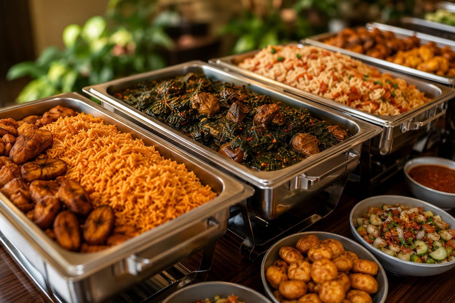 Oliviks Nigerian catering spread: jollof rice, egusi, vegetable soup, fried plantain and more